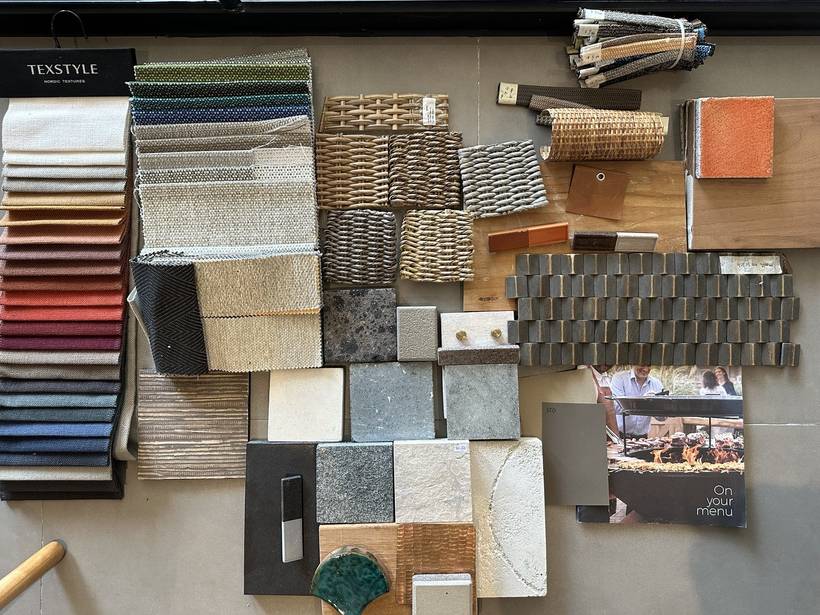Material and finish board: textiles, stone, timber, rattan and ceramic samples